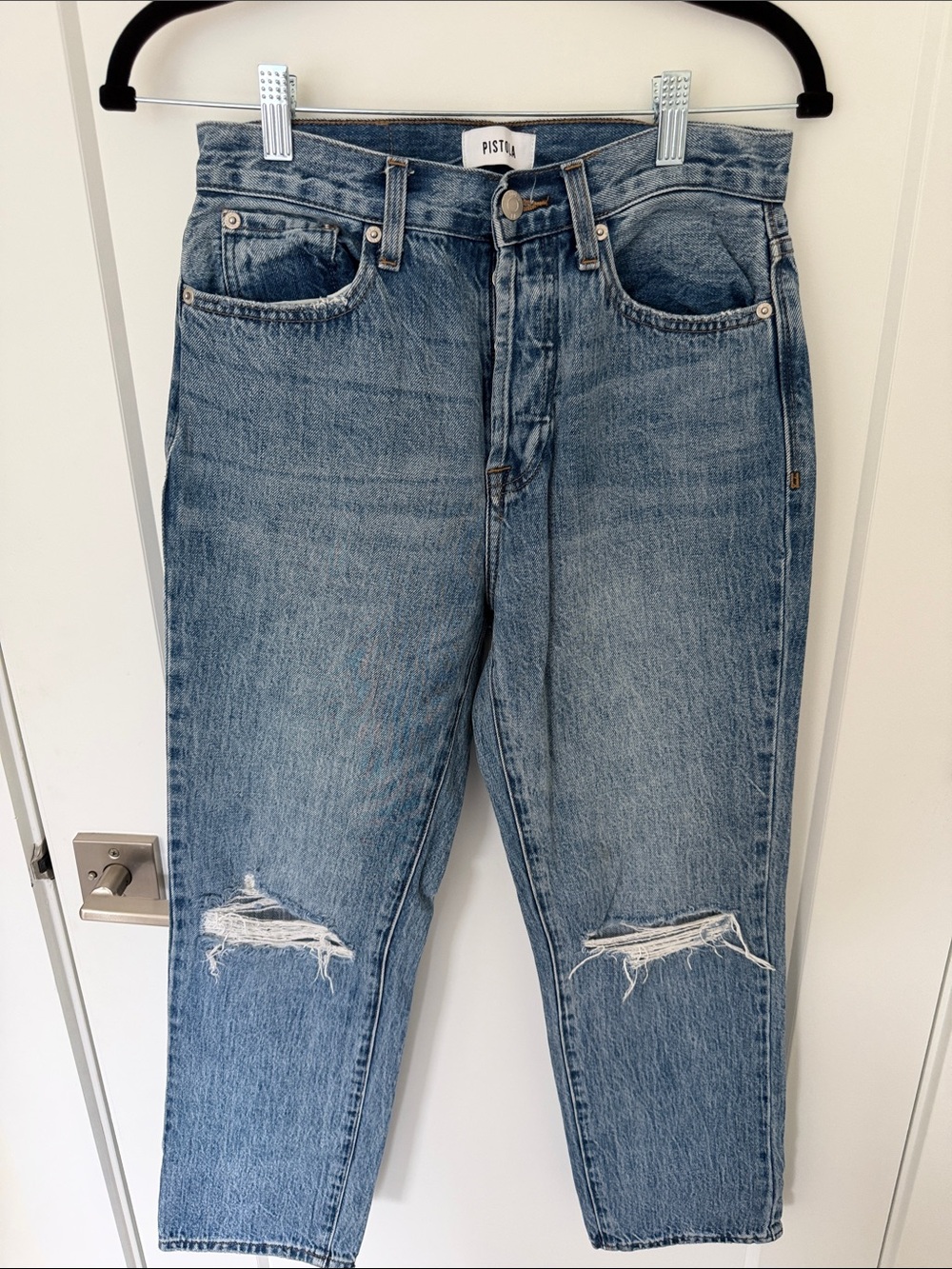 pistola Light Blue Relaxed Straight Jeans with Knee Rips